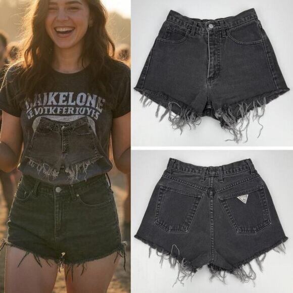 GUESS Vintage High Rise Cut Off Denim Shorts Size 27 Made In USA - Picture 1 of 6